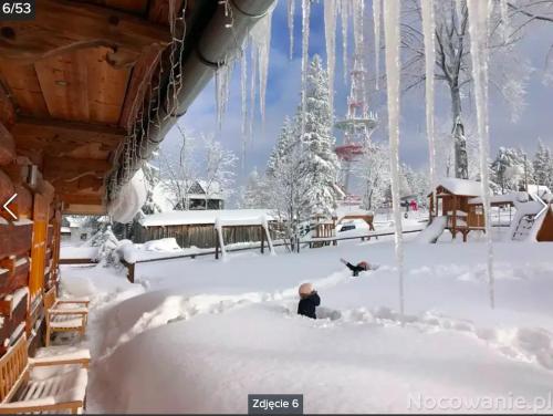 ザコパネにあるPompelówka - chata na Głubałówceの雪遊びの二人の雪で覆われた庭