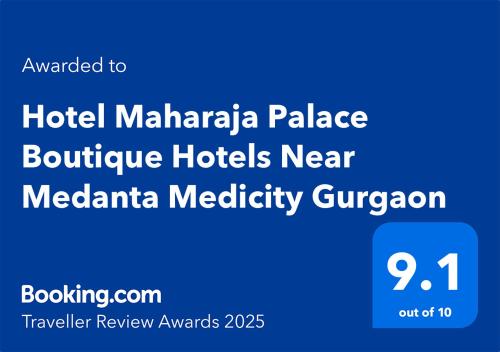 Hotel Maharaja Palace Boutique Hotels Near Medanta Medicity Gurgaon في جورجاون: لقطةشاشة للفندق نشرات قصر الملاريا حاملين بالقرب من Mel malaria melatonin medicine