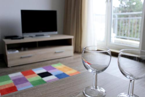 deux verres à vin assis sur une table devant une télévision dans l'établissement Apartmentcenter Koblenz, à Coblence