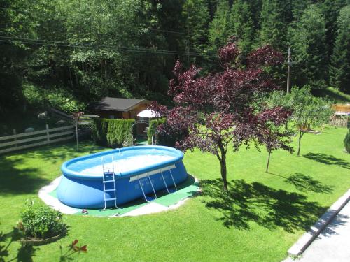 une piscine vide dans une cour avec un arbre dans l'établissement Ferienhaus Schwarzenbacher, à Lungötz