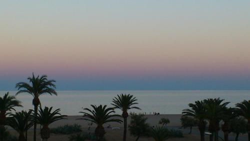 - une vue sur l'océan et les palmiers au coucher du soleil dans l'établissement Mirablau, à Empuriabrava