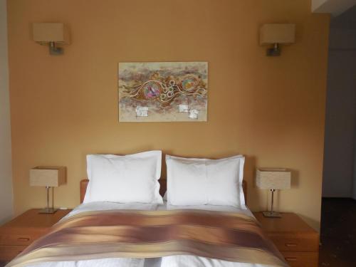 1 cama con 2 almohadas y una pintura en la pared en Villa AnnaLia - Rooms to Rent, en Bacău