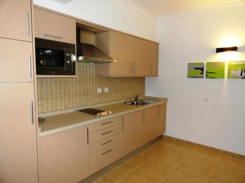 uma cozinha com um lavatório e um micro-ondas em Apartamentos Guadiana em Monte Gordo