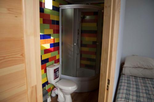 uma casa de banho colorida com um chuveiro e um WC. em Hostel MIF em Ivano-Frankivsk