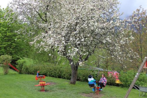 due bambini che giocano in un giardino con un albero e fiori di Flackl - Wirt a Reichenau