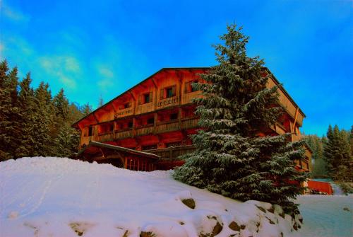 un bâtiment avec un arbre de Noël dans la neige dans l'établissement Chalet Hotel Le Collet, à Xonrupt-Longemer