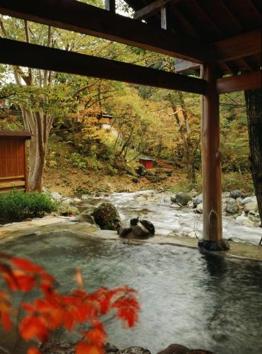 uma fonte termal num jardim com neve e árvores em Kinseikan Seseragi em Minakami