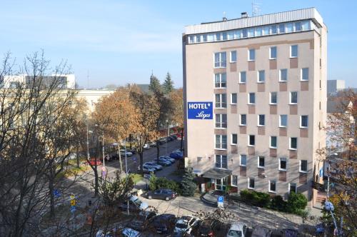 an aerial view of a hotel building with a parking lot at Hotel Logos in Lublin