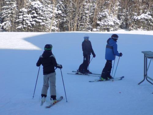 un groupe de quatre personnes à skis dans la neige dans l'établissement Gîte Esprit Follet, à Baie-Saint-Paul