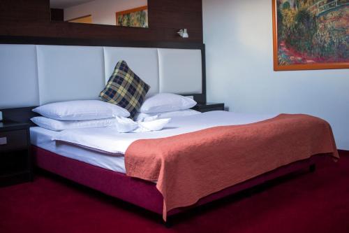 um quarto com uma cama grande e um tapete vermelho em Hotel Slavie em Cheb