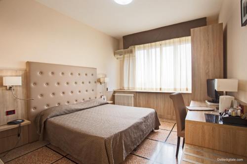 a bedroom with a bed and a desk and a television at Hotel La Pace in Pisa