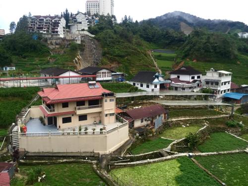 キャメロンハイランドにあるホテル フローラ プラスの山の上の家屋のある村の空中風景