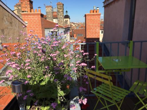 a balcony with flowers and a green table and chair at Les Toits de Lyon in Lyon