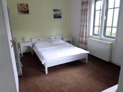 1 dormitorio con 1 cama blanca y 2 ventanas en Casa Gabriela, en Sinaia