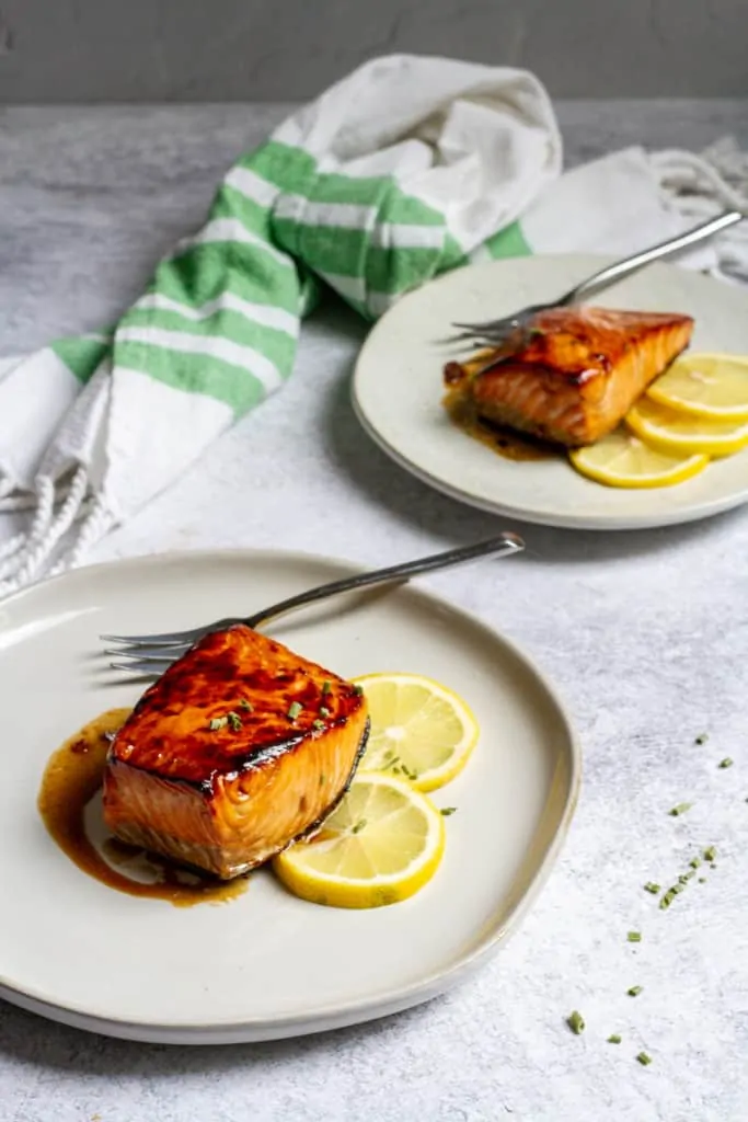 honey bourbon salmon on plates