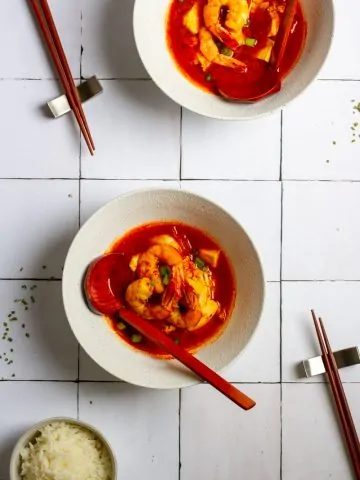 Kimchi Seafood Soup in Bowls