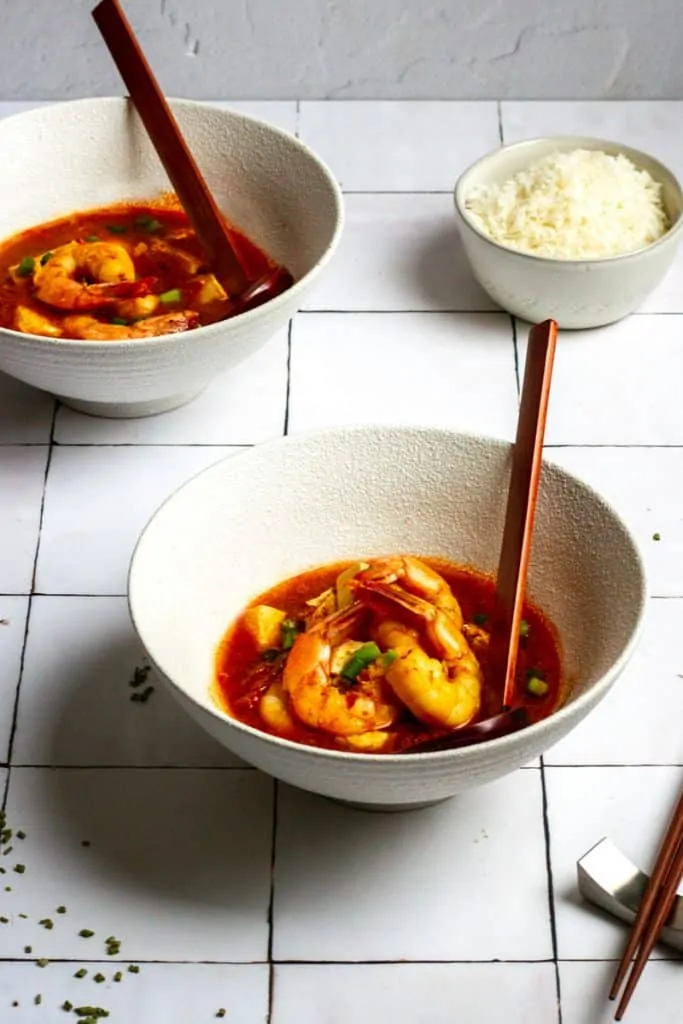 Kimchi Seafood Soup in Bowls