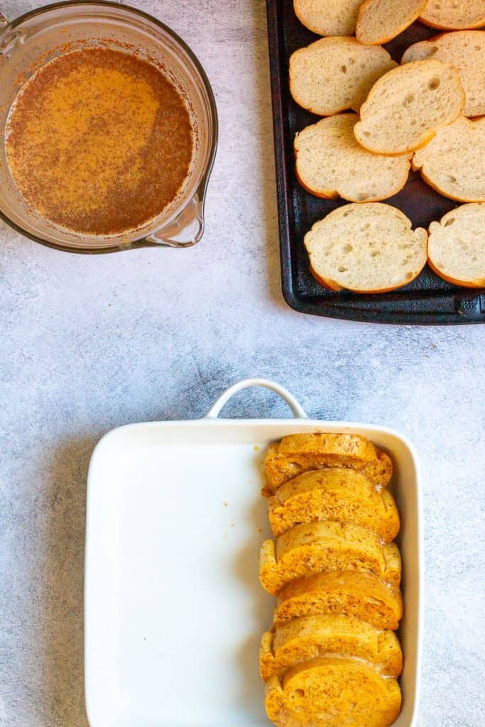 Dip Bread in Custard + Arrange in Baking Dish.