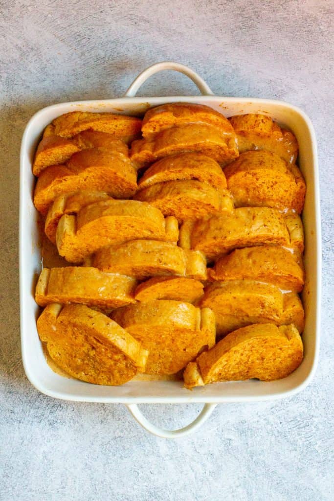 Custard-Dipped Bread in Baking Dish.