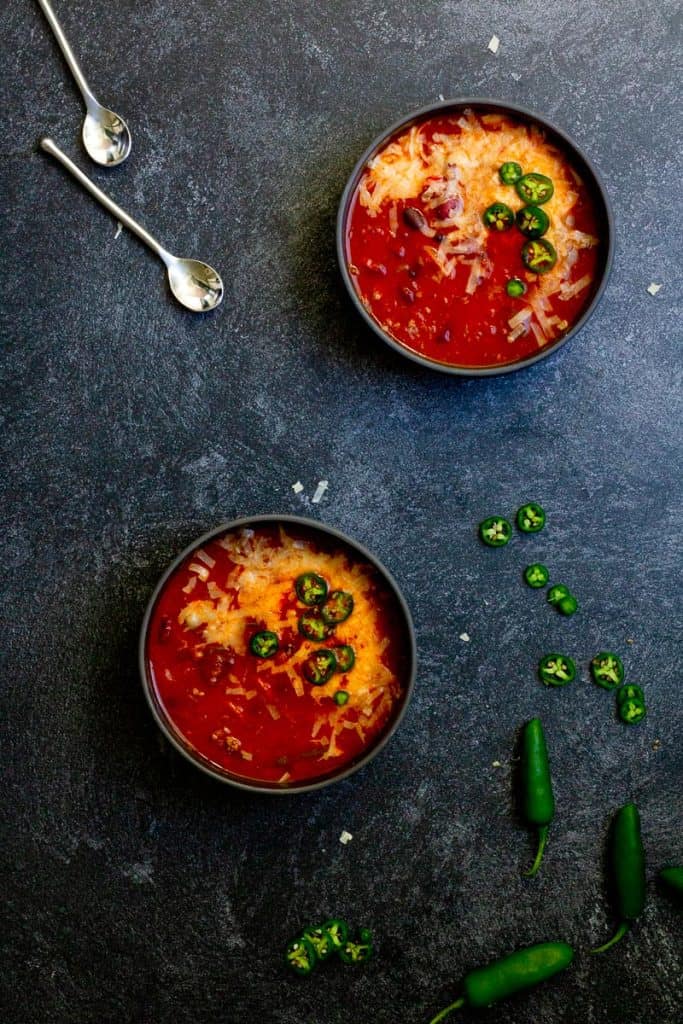 venison chili in bowls.