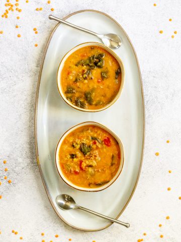 venison lentil stew in bowls.