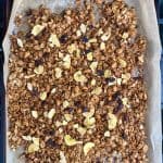 Banana chips and raisins added to granola mixture.