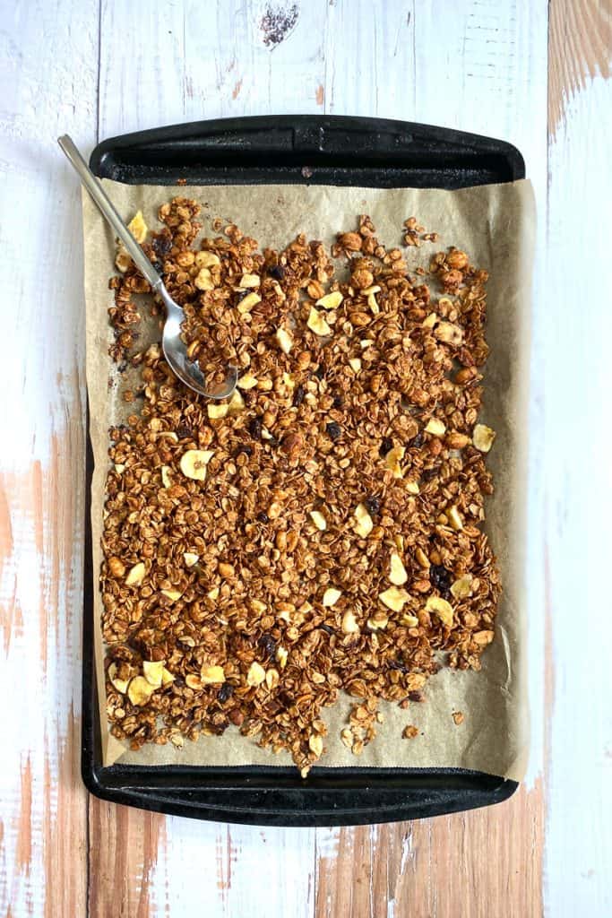 peanut butter granola on baking sheet.