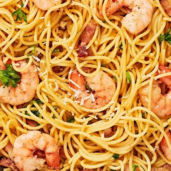 Closeup of Shrimp Carbonara.