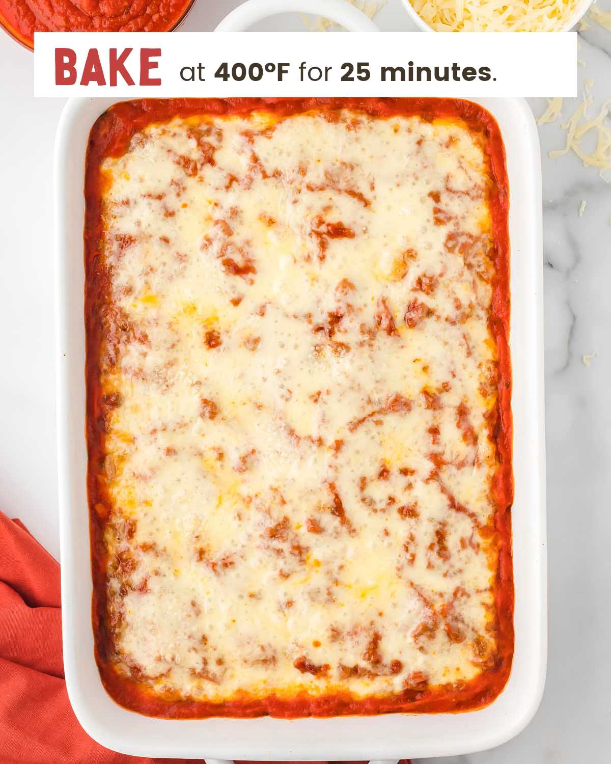 Baked lazy lasagna casserole in a baking dish.