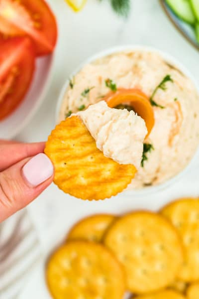 closeup of a cracker dipping in salmon dip