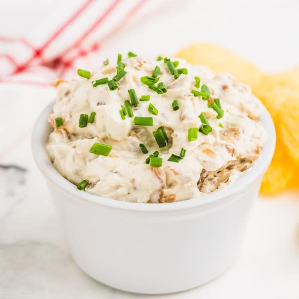 Homemade French Onion Dip in a white bowl.