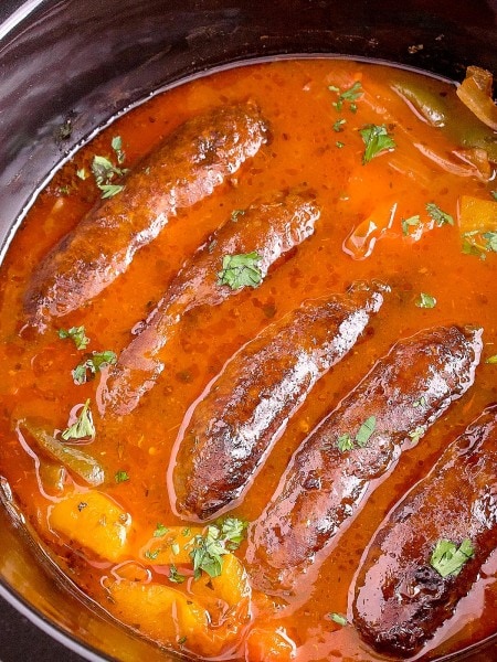 Sausage and Peppers in a slow cooker.