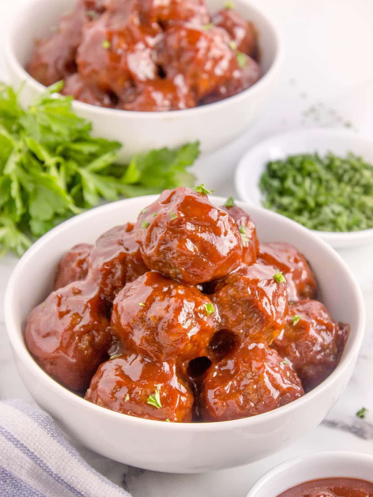 Crockpot BBQ Meatballs in a white bowl.