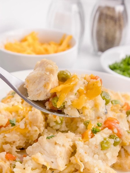 A forkful of Crockpot Chicken and Rice.