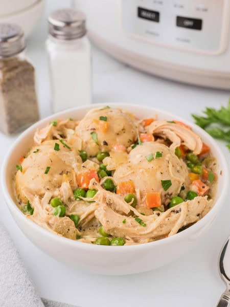 Chicken and Dumpling made in the Crock-Pot served in a white bowl.