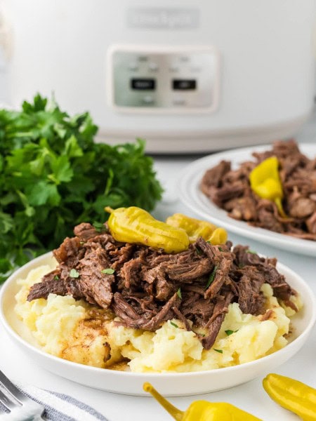 Mississippi Pot Roast served over mashed potatoes.