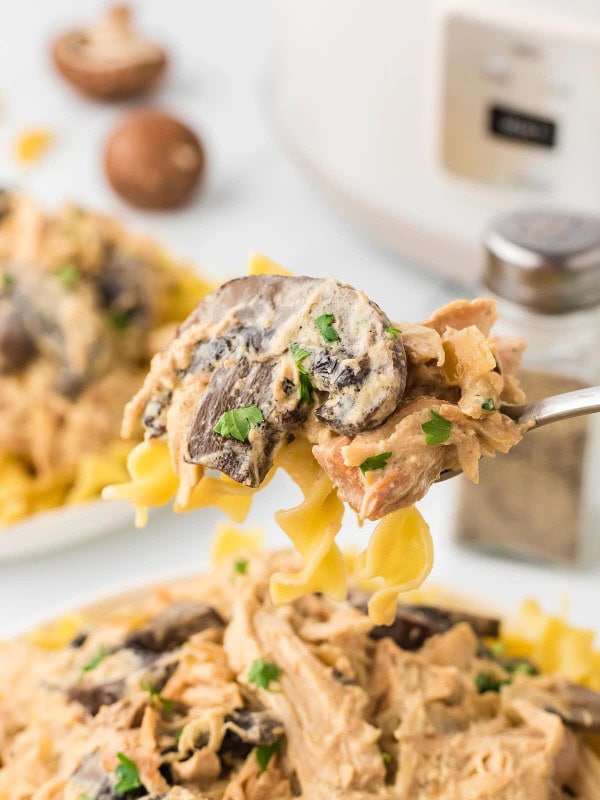 A fork filled with Slow Cooker Chicken Stroganoff served over pasta.