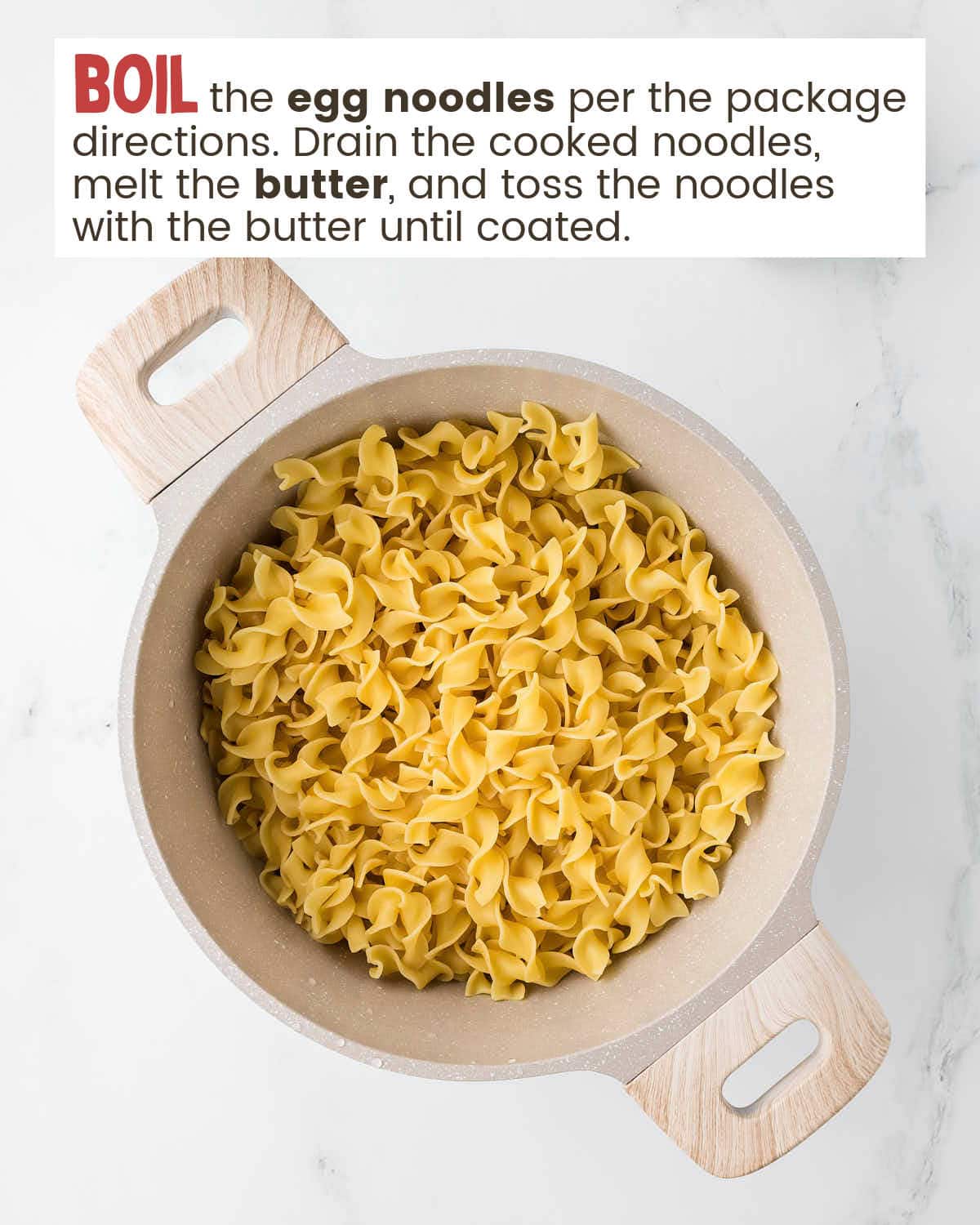 A top view of a pot filled with egg noodles, with instructions in a text box.