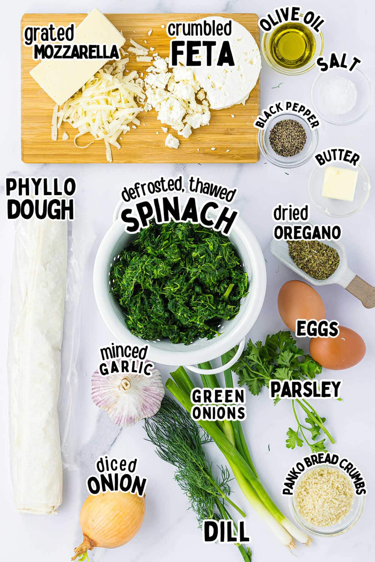 Ingredients needed to make Spanakopita.