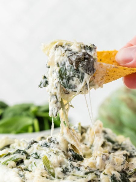 A tortilla chip filled with Slow Cooker Spinach Artichoke Dip.