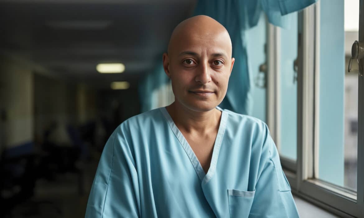 Man in hospital who has lost his hair from cancer treatment