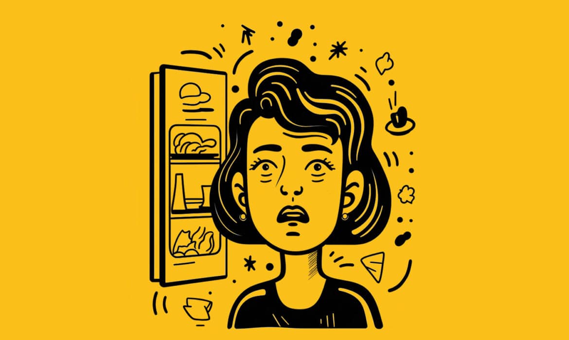 Illustration of woman displaying signs of age related memory loss and confusion, having put ice cream in the refrigerator. Alzheimer's disease connection