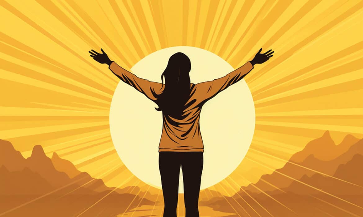 Illustration of woman feeling awe looking at a rising sun