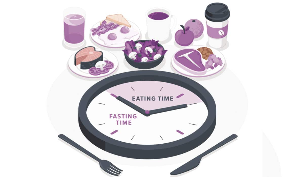 Illustration of intermittent fasting. Food seen around a limited number of hours of a clock.