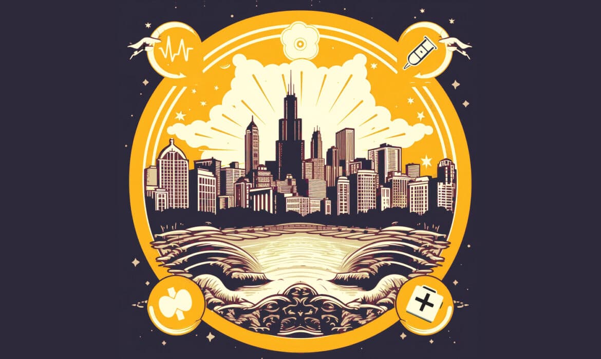 Illustration of Chicago with medical icons