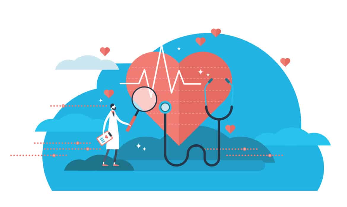 Illustration of doctor examining a heart. Reference to Chicago's rich history of cardiology pioneers