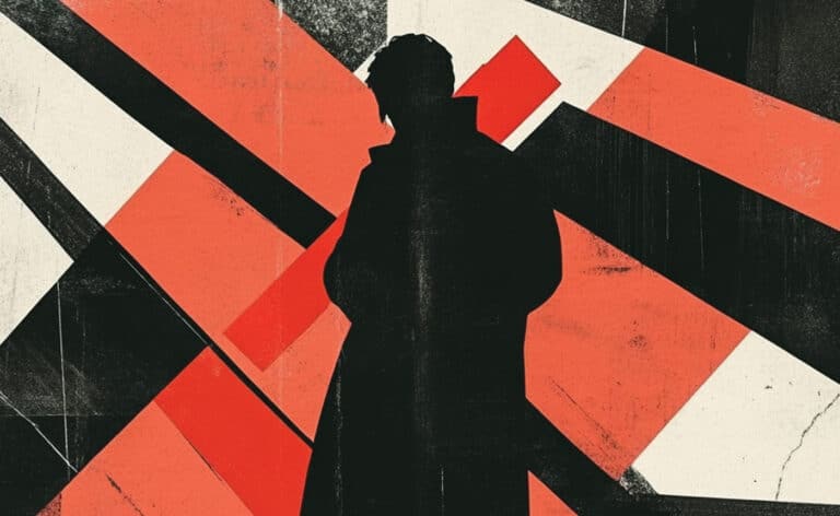 Illustrated silhouette of dark figure in a long coat with geometric red shapes in the background representing the the topic of gun violence