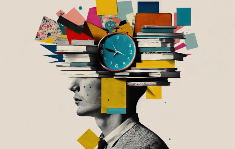 Tired man with a stack of books, chaos of papers and clock on his head, concept of time management, baggage of knowledge, overwork