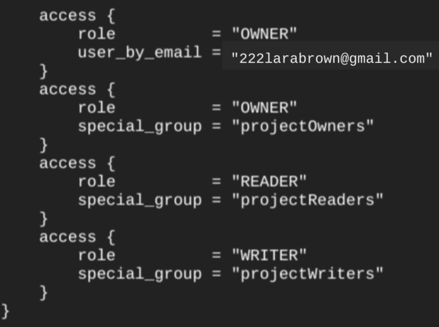 Blok akses untuk set data yang dibuat menggunakan Terraform.