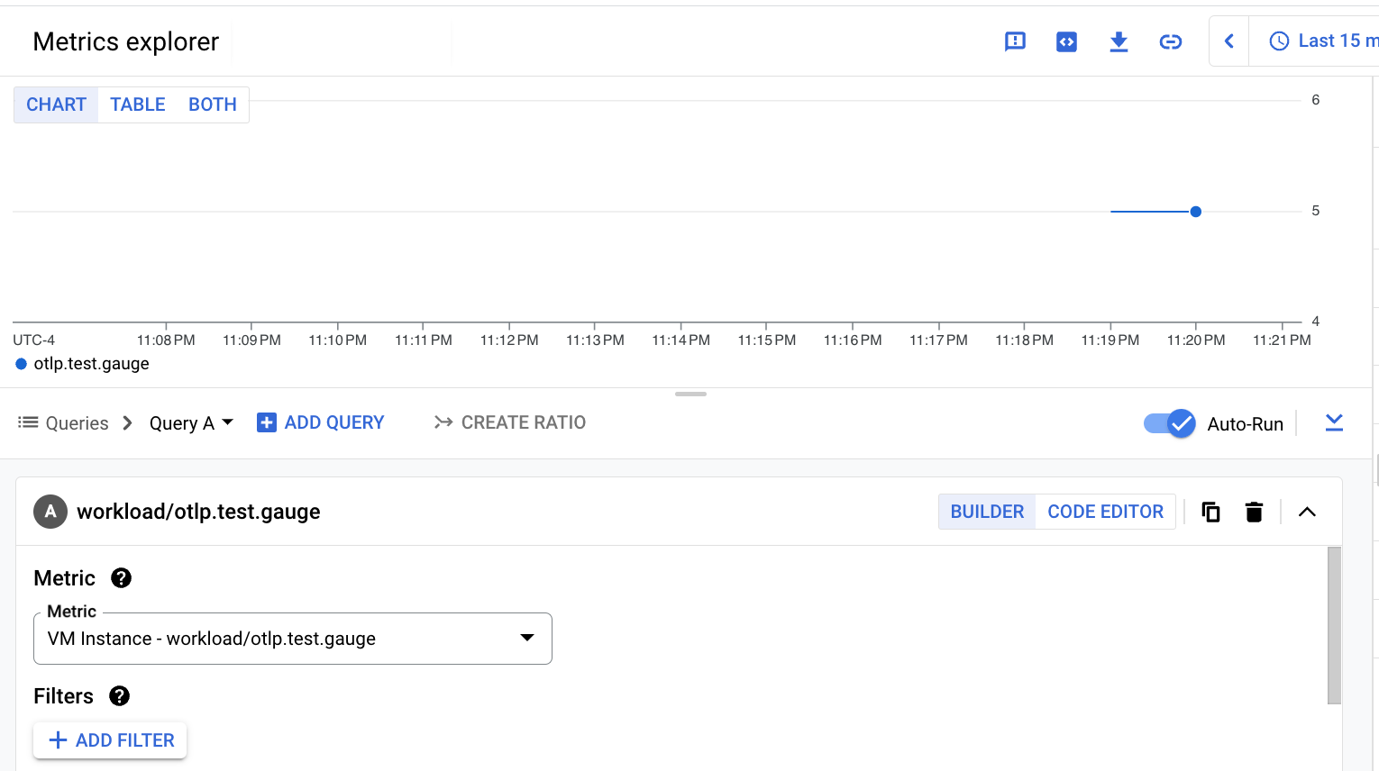 Diagram Metrics Explorer berbasis Builder untuk metrik pengukur OTLP yang diserap menggunakan Monitoring API.